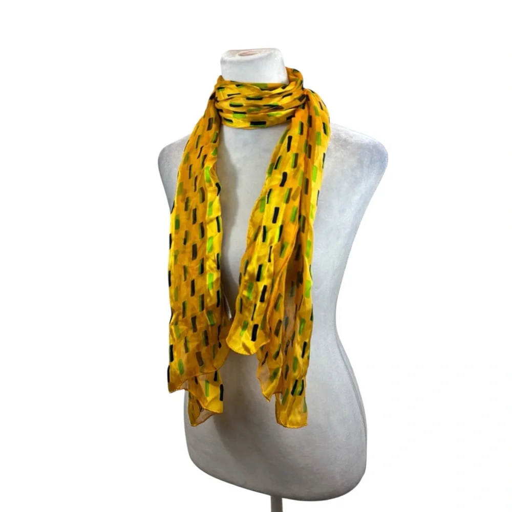Ladies Vintage Hiroko Kapp 100% Silk Neck Scarf, Yellow, Green and Black